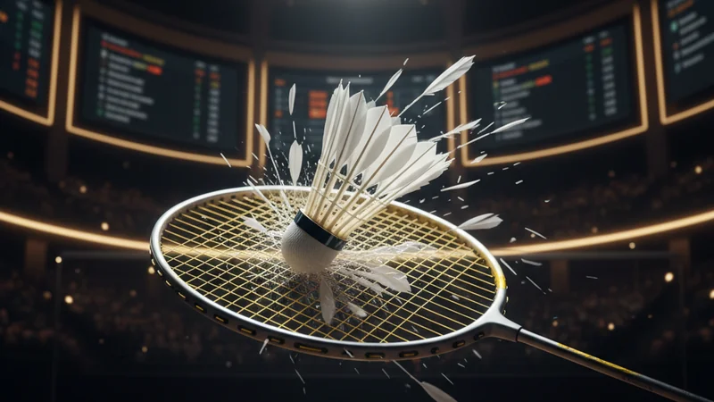 White shuttlecock striking yellow badminton racket strings in a spotlighted arena for online casino sports betting action.