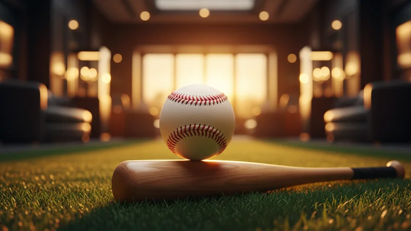 Baseball on a wooden bat in green grass at golden sunset for online casino sports betting and wagering.