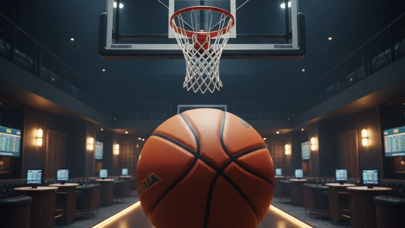 Action shot of a basketball flying toward a glass hoop in a dramatic arena for online casino sports betting.