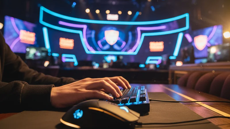 Pro gamer hands on RGB keyboard at an esports stage, capturing the focus of online casino gaming and slots.