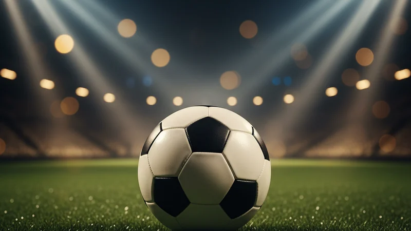 Close-up of a football on lush green stadium turf under dramatic floodlights for online casino sports betting.