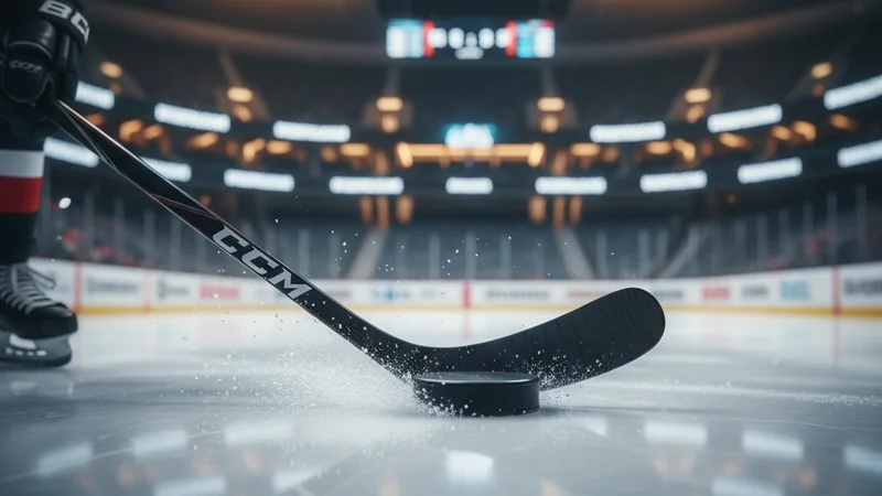 Black hockey puck sliding on crystalline ice toward a stick blade with blue arena lighting for online casino betting.