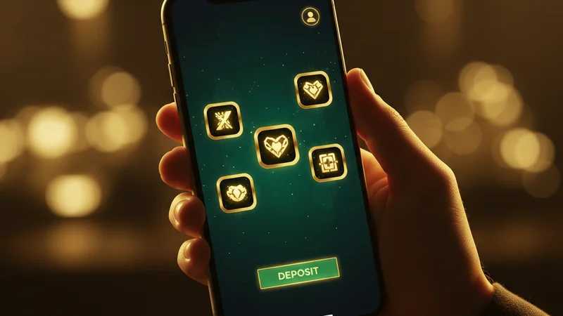 Hand holding a smartphone with a luxury online casino app, golden slots tiles, and green deposit button in emerald tones