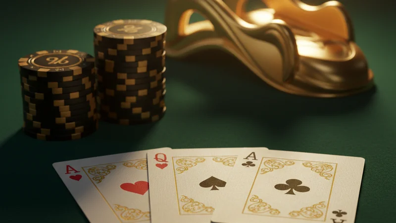 High-stakes baccarat cards and gold chips on emerald felt in a luxury online casino VIP high-roller setting