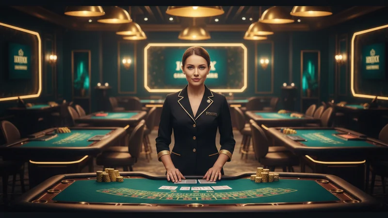 Live dealer at a luxury online casino baccarat table with blackjack and roulette tables in a gold and emerald studio