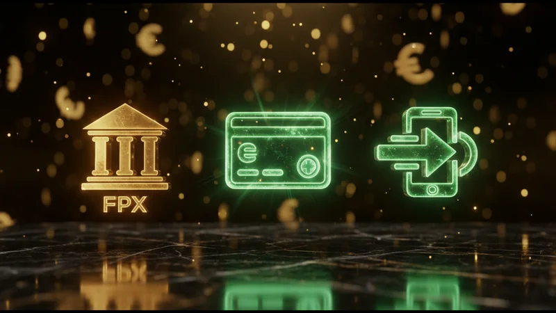 Premium online casino payment methods featuring FPX, e-wallet, and mobile transfer icons with MYR symbols
