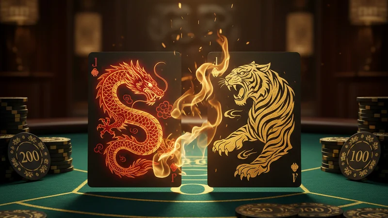 Dragon and tiger playing cards on dark luxury online casino felt with gold chips and dramatic high-roller lighting