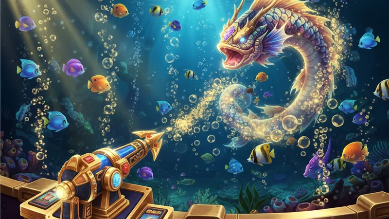 Underwater online casino fishing game with glowing tropical fish, golden bubbles, and a harpoon cannon aiming at a boss fish
