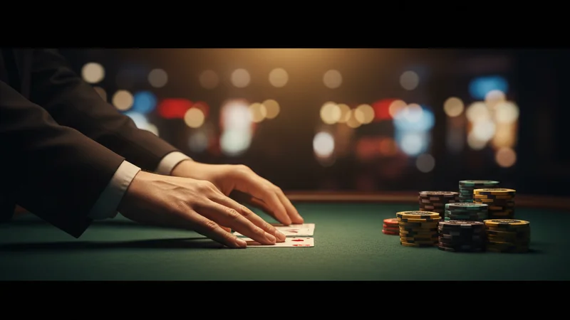 Live dealer hands dealing cards on a green baccarat table with gold chips at a premium online casino