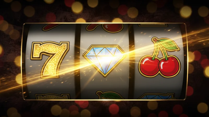 Glowing golden seven and diamond symbols spinning on luxury online casino slots with dramatic jackpot lighting