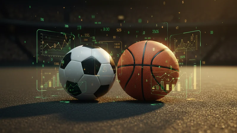Soccer ball and basketball with holographic betting odds on a dark surface for a premium online casino sportsbook
