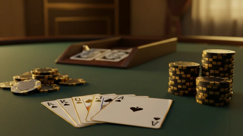 Royal flush of spades and gold chips on a premium poker table with a blackjack shoe in a luxury online casino setting