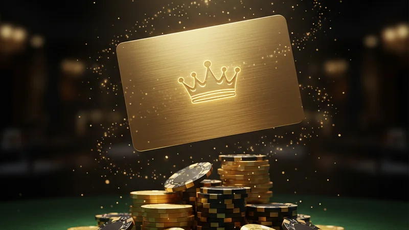 Gold VIP card with a glowing crown above casino chips on emerald felt for a luxury high-roller online casino