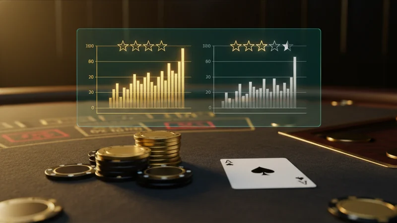 Holographic online casino comparison chart with rating stars, gold chips, and a playing card on luxurious emerald felt