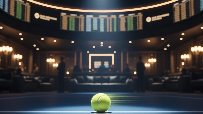 Yellow tennis ball hits a blue court sideline with motion blur and stadium lights for online casino sports betting.