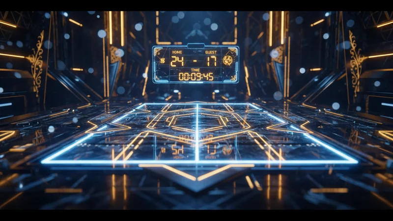 Abstract holographic football pitch with neon outlines and digital scoreboard for a futuristic online casino display.